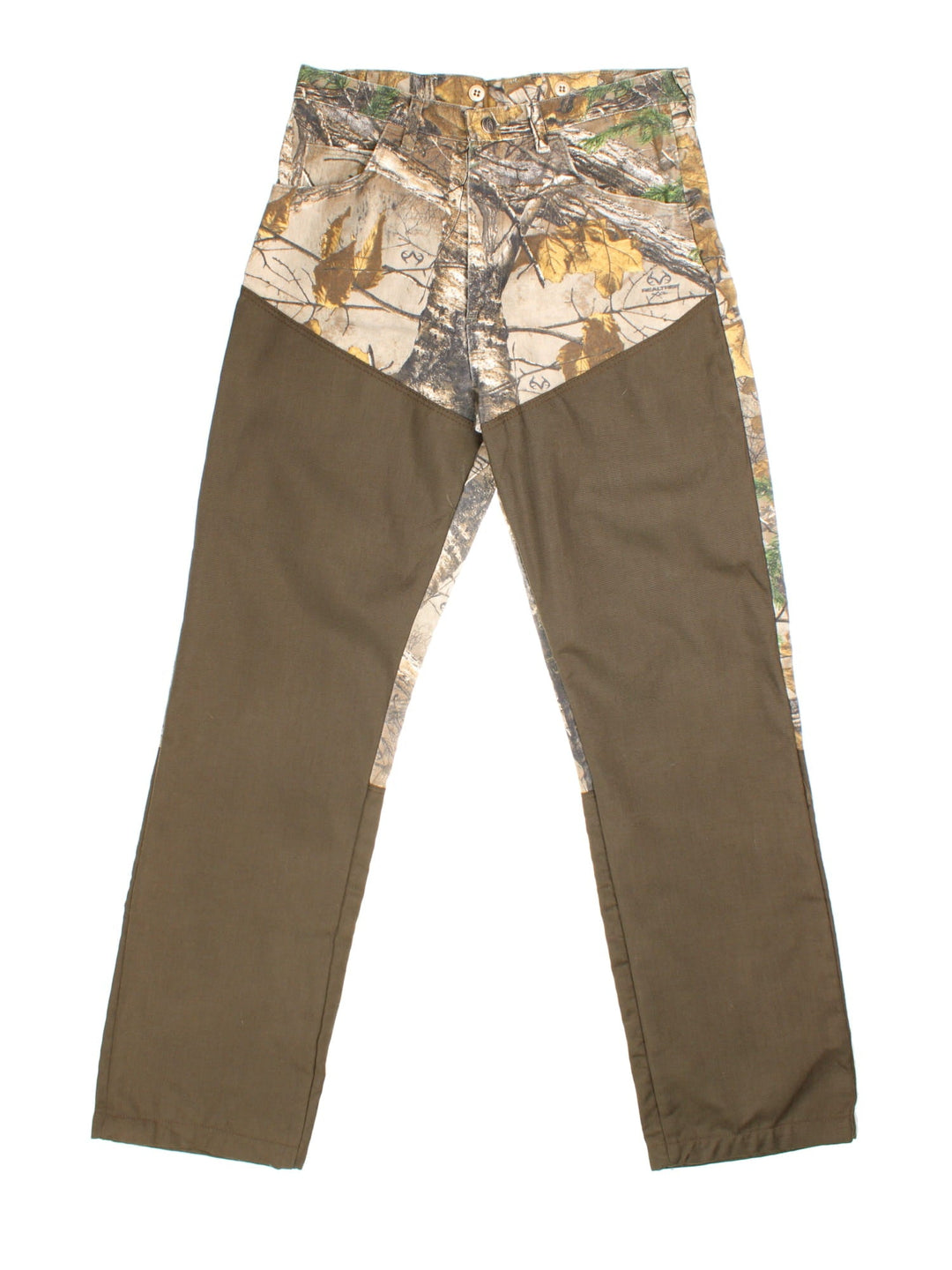 Wrangler Real Tree Trousers in brown/green colourway. Zip fly fastening with side/back pockets and leather patch branding.