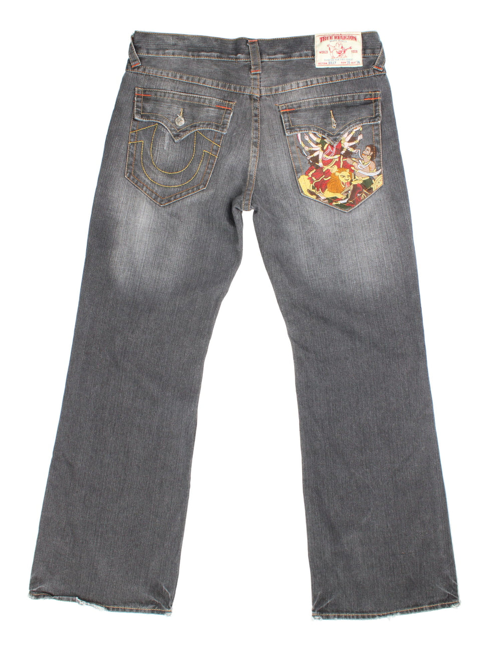 True Religion Hindu God Jeans in blue colourway. Zip fly fastening with side/back pockets, rare pocket embroidery and embroidered patch branding.