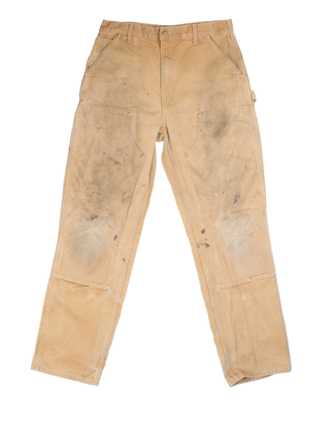 Carhartt Double Knee Jeans in tan colourway. Zip fly fastening with multiple pockets and embroidered patch branding.