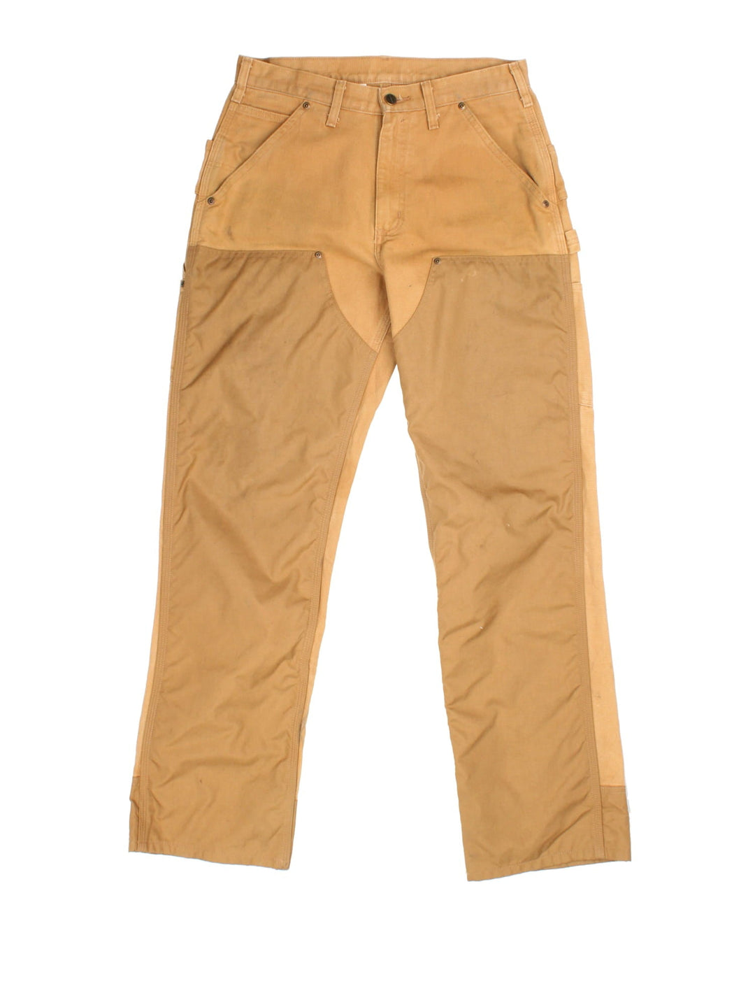 Carhartt Double Knee Jeans in multi tan colourway. Zip fly fastening with multiple pockets and leather patch branding.