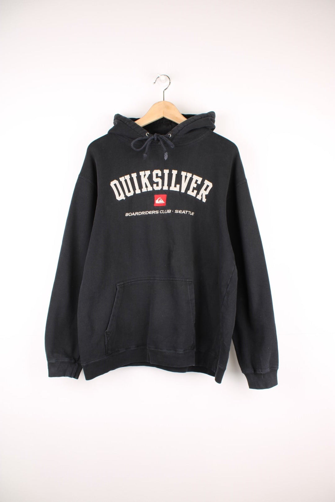 Quiksilver Hoodie in a black colourway with the spell out logo embroidered across the front. 