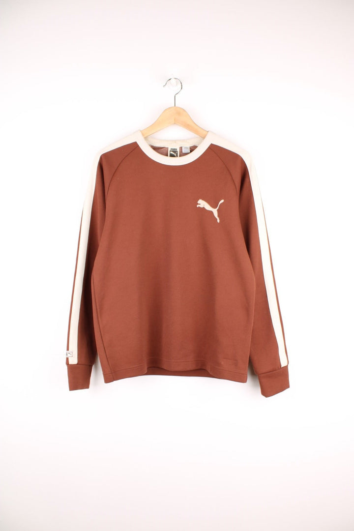 Puma Sweatshirt in brown and beige colourway with stripes going down the sleeves and the logo printed on the chest.