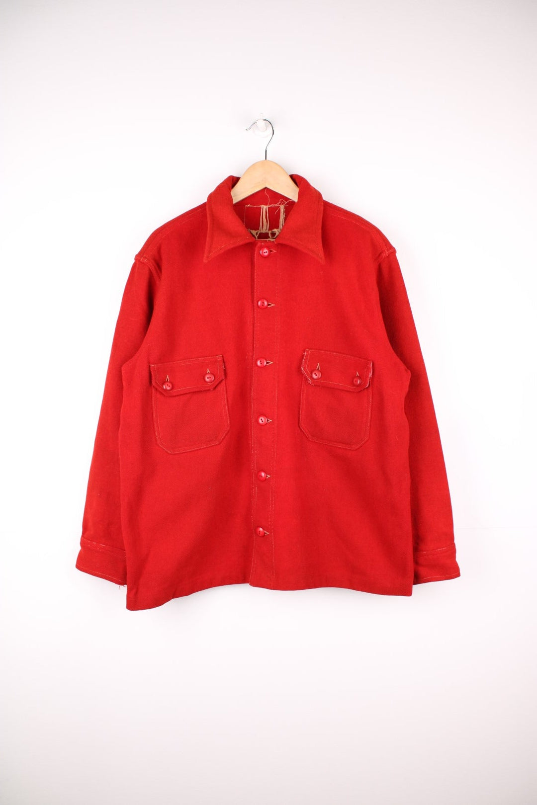 1950's Boy Scouts Jacket in a red colourway, button up with a dagger collar, and has double chest pockets. 