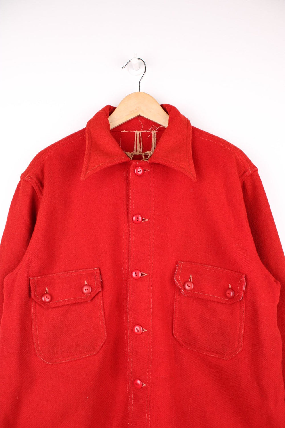 1950's Boy Scouts Jacket in a red colourway, button up with a dagger collar, and has double chest pockets. 