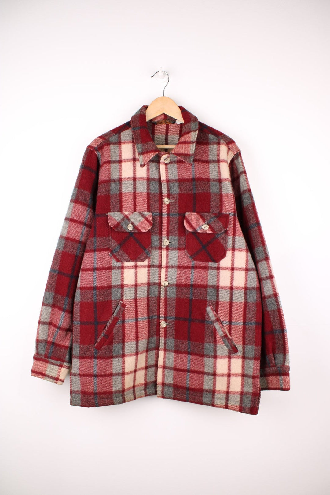 70's Eddie Bauer Plaid Flannel Jacket in a red, grey and white colourway, button up and has multiple pockets. 