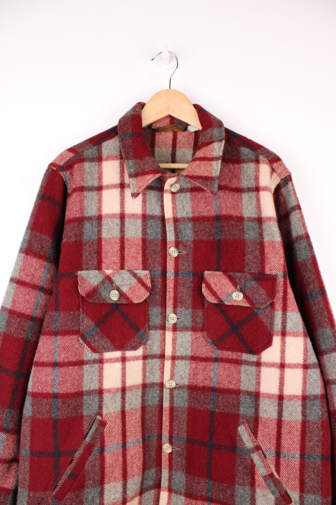 70's Eddie Bauer Plaid Flannel Jacket in a red, grey and white colourway, button up and has multiple pockets. 