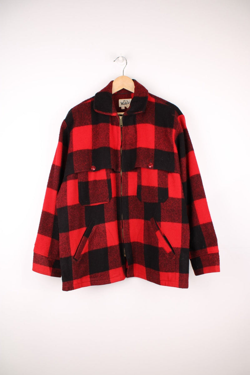 Woolrich Buffalo Plaid Jacket in a red and black colourway, zip up and has multiple pockets. 