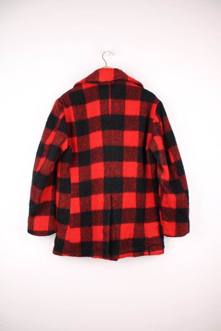 Vintage Cooper Plaid Peacoat in a red and black colourway, button up with side pockets, camp collar and has a nylon lining. 