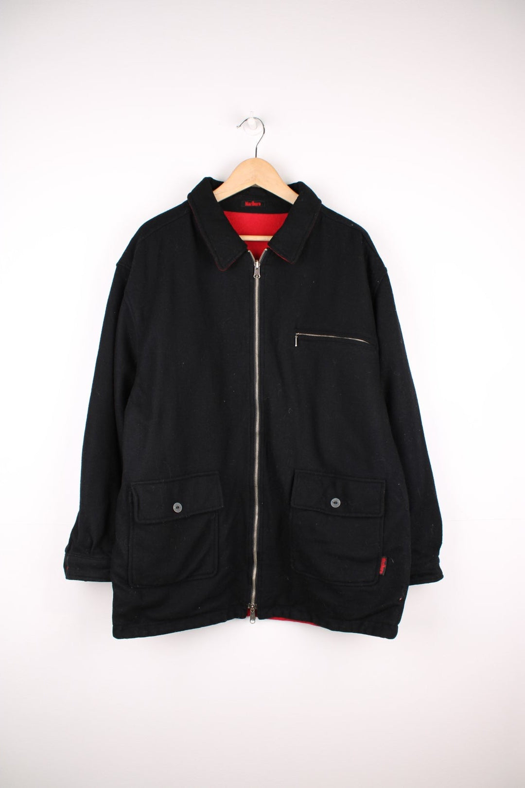 90's Marlboro Reversible Wool Jacket in either a black or red colourway options, zip up with multiple pockets, and has ther logo embroiderd on the side. 