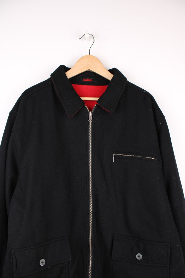 90's Marlboro Reversible Wool Jacket in either a black or red colourway options, zip up with multiple pockets, and has ther logo embroiderd on the side. 