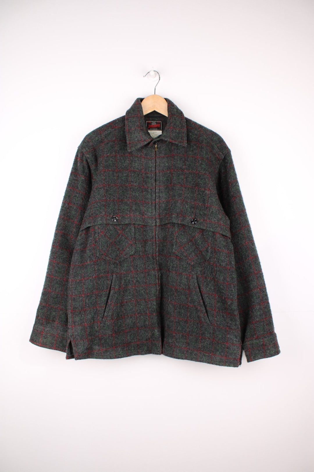 Vintage Johnson Woolen Mills Adirondack Plaid Jacket in a grey, red and green colourway, zip up and has multiple pockets. 