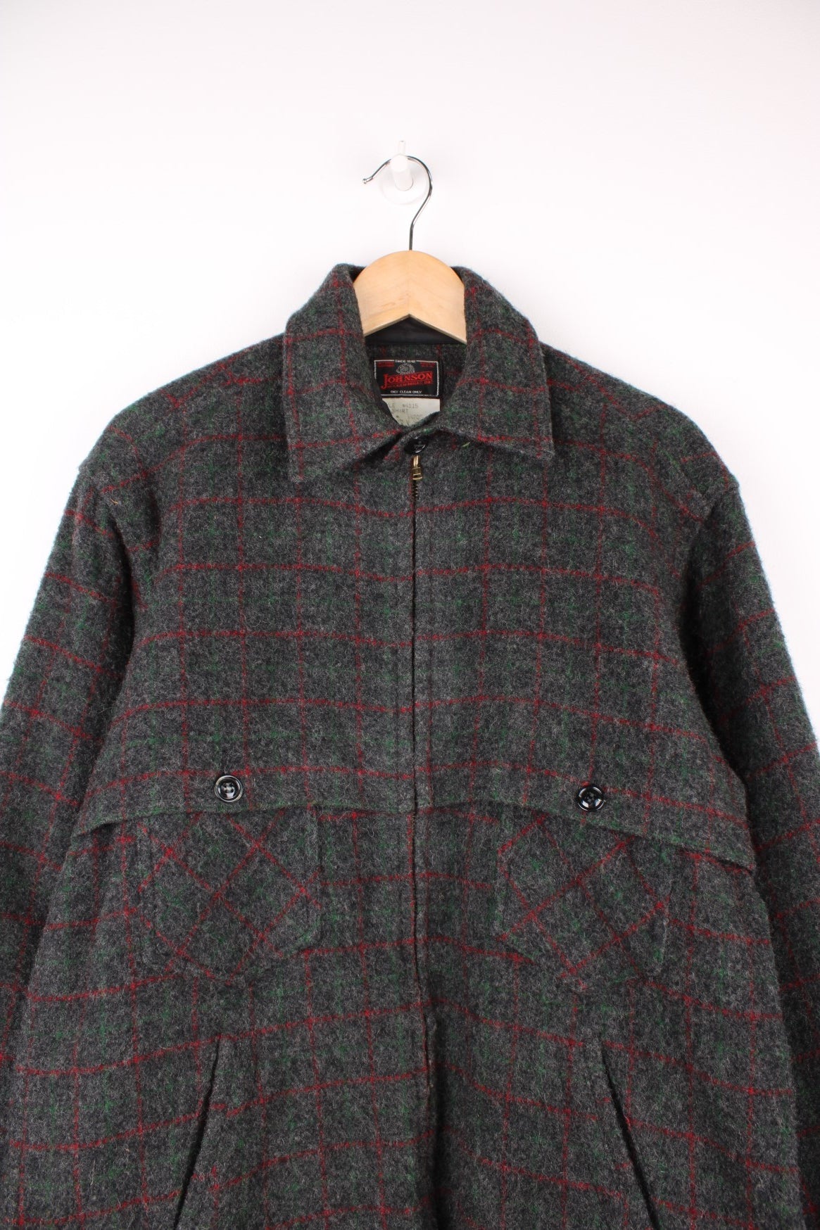 Vintage Johnson Woolen Mills Adirondack Plaid Jacket in a grey, red and green colourway, zip up and has multiple pockets. 