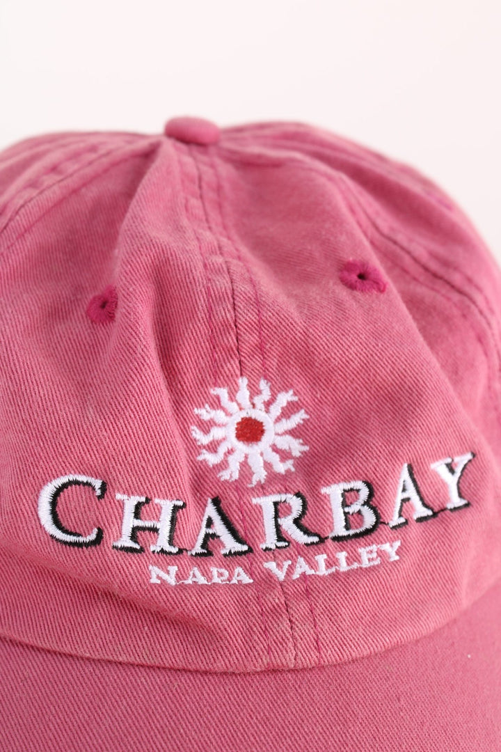 Vintage Napa Valley Cap in a pink colourway with the spell out 'Charbay, Napa Valley' embroidered on the front, and has an adjustable strap.