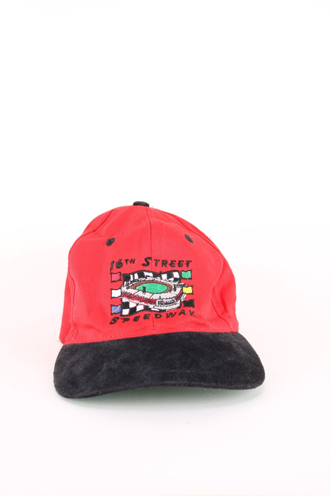 Vintage Indianapolis Motor Speedway Nascar Cap in a red and black colourway with the spell out and stadium graphic embroidered on the front, and has an adjustable strap.