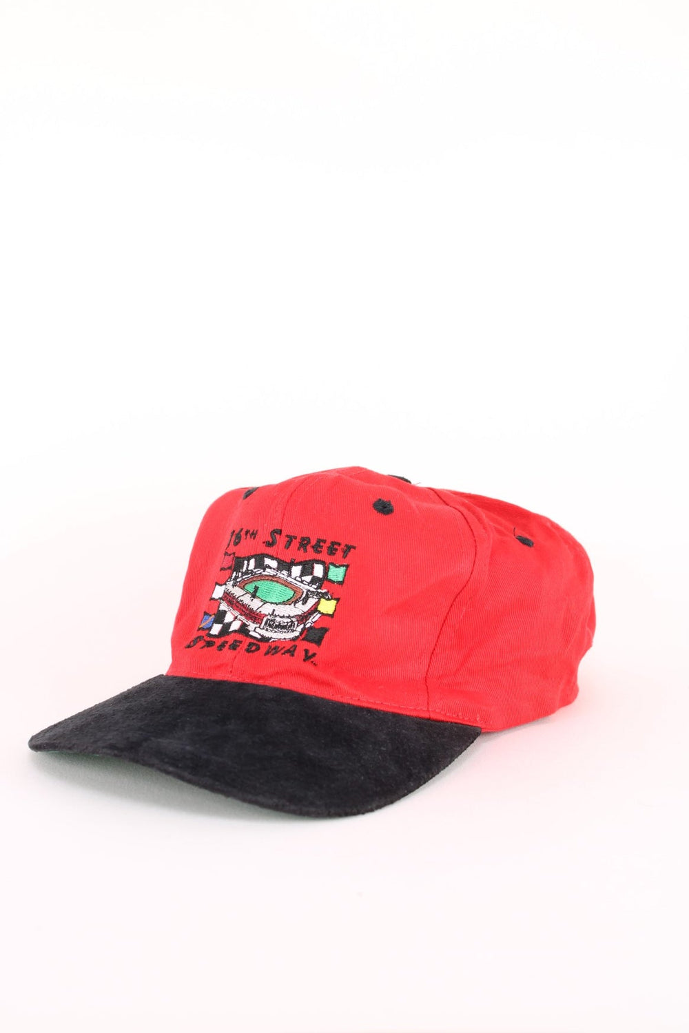 Vintage Indianapolis Motor Speedway Nascar Cap in a red and black colourway with the spell out and stadium graphic embroidered on the front, and has an adjustable strap.