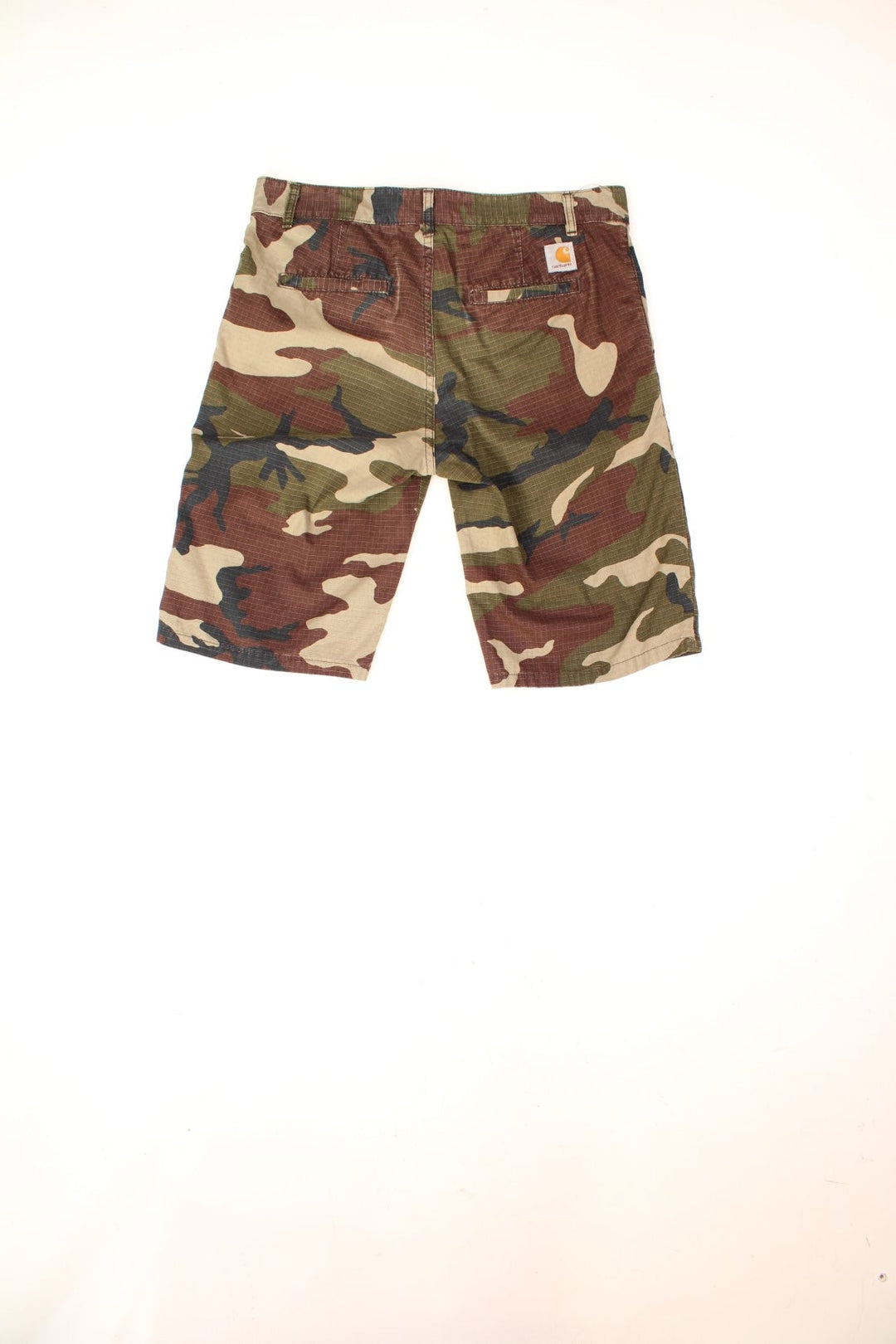 Carhartt Camo Shorts in a green, brown and black colourway with multiple pockets and the logo embroidered on the back. 