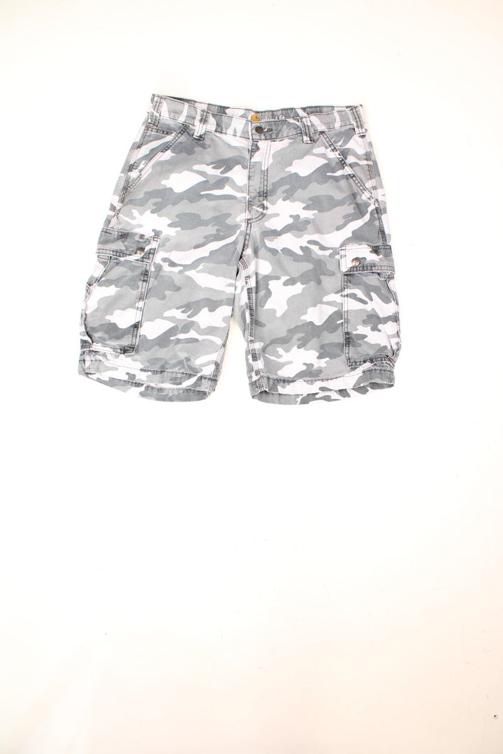 Carhartt Camo Cargo Shorts in a white and grey colourway with multiple pockets and the logo embroidered on the back.