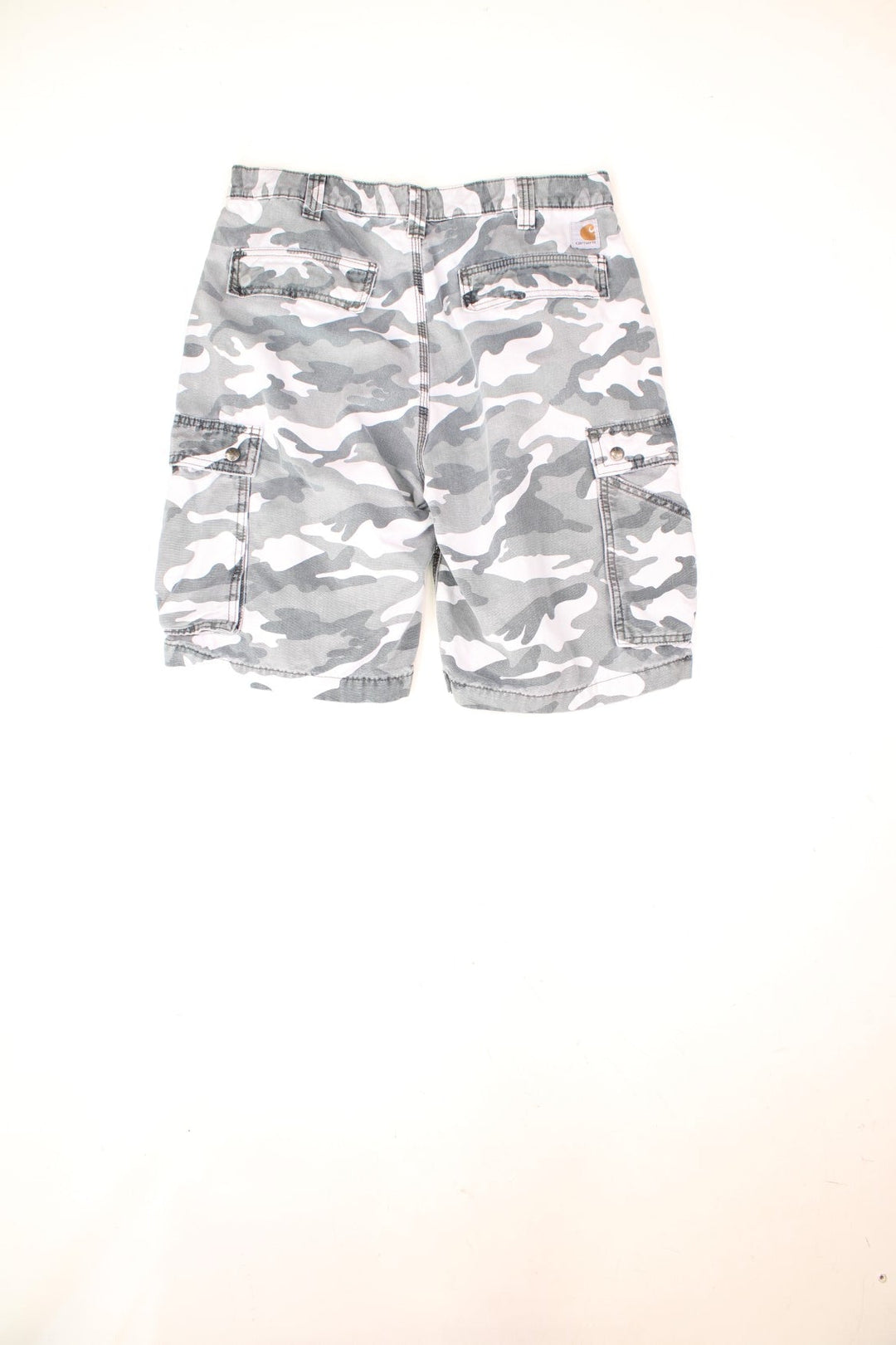 Carhartt Camo Cargo Shorts in a white and grey colourway with multiple pockets and the logo embroidered on the back.