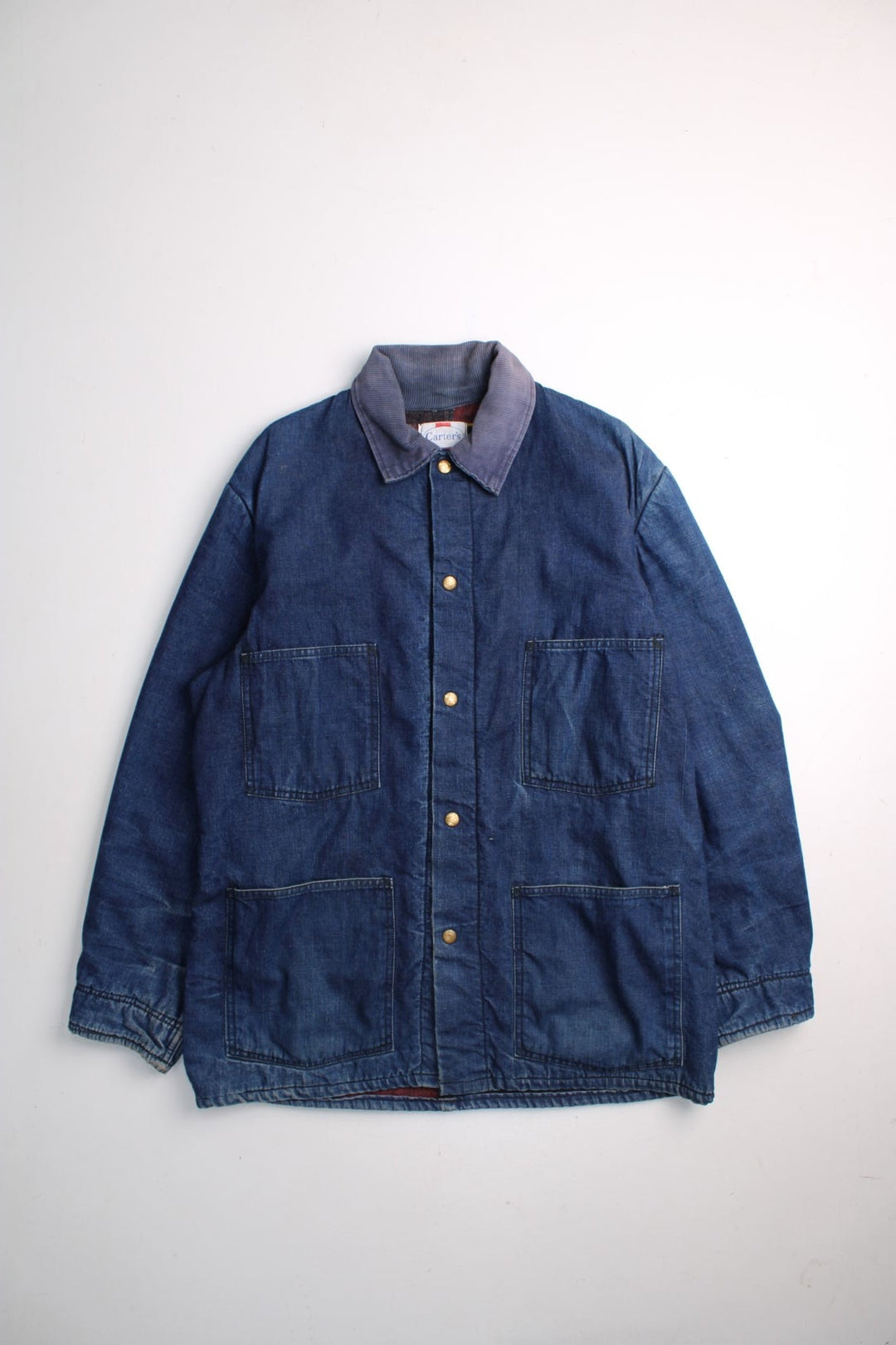 Vintage Carters Chore Workwear Jacket in a blue colourway. Buttons up and has multiple pockets, insulated with a blanket lining, and has a corduroy collar.