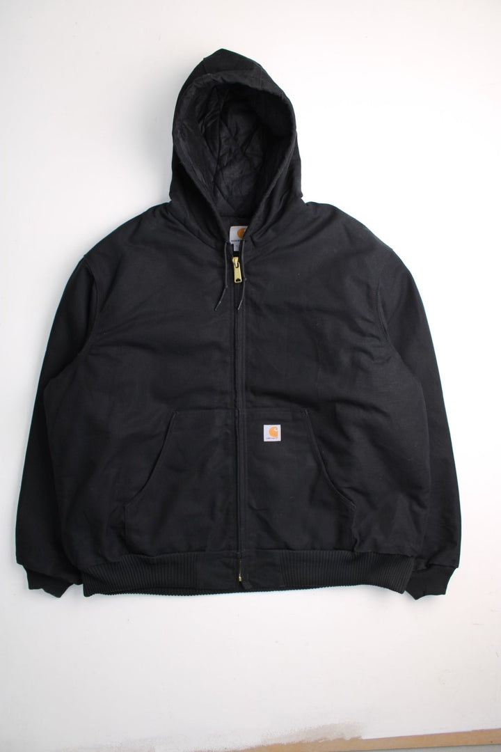 Carhartt Active Jacket in a black colourway. Zips up and has side pockets, hooded, and has the logo embroidered on the front.