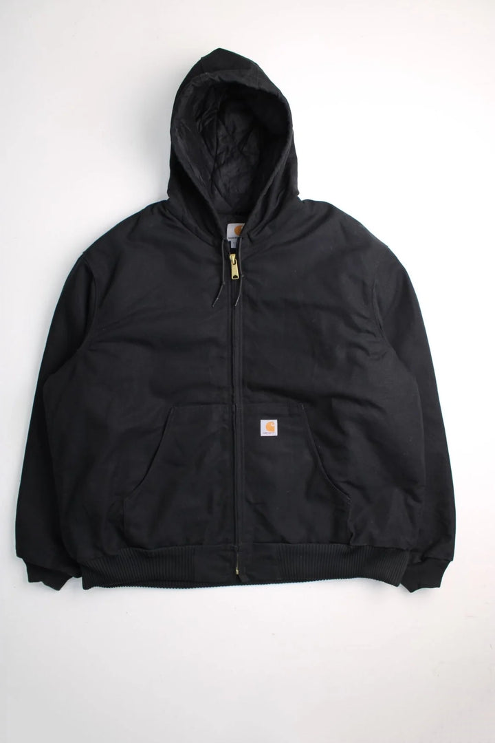 Carhartt Active Jacket in a black colourway. Zips up and has side pockets, hooded, and has the logo embroidered on the front.