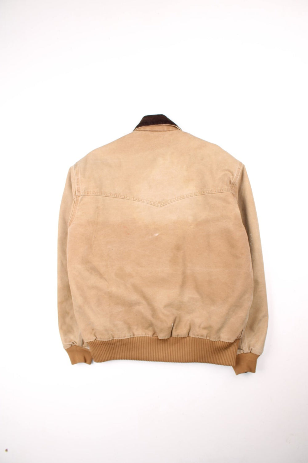 Carhartt Santa Fe Jacket in a tan colourway with a brown corduroy collar. Zips up and has side pockets, and the logo embroidered on the front.