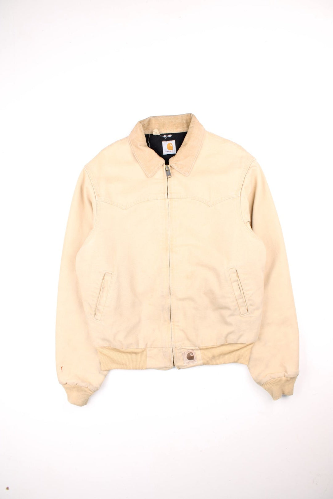 Carhartt Santa Fe Jacket in a tan colourway. Zips up and has side pockets, corduroy collar, and has the logo embroidered on the front.