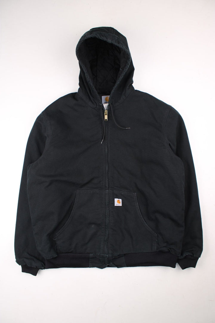 Carhartt Active Jacket in a black colourway. Zips up and has side pockets, hooded, and has the logo embroidered on the front.