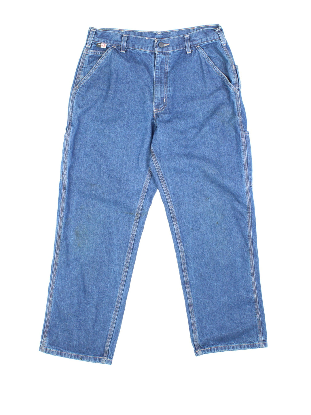 Carhartt Carpenter Jeans in a blue colourway with multiple pockets and the logo embroidered on the back.