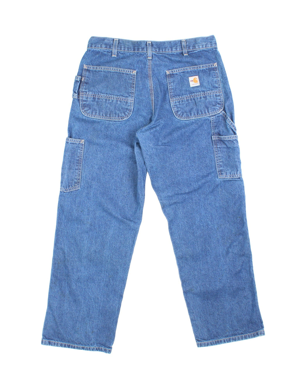 Carhartt Carpenter Jeans in a blue colourway with multiple pockets and the logo embroidered on the back.