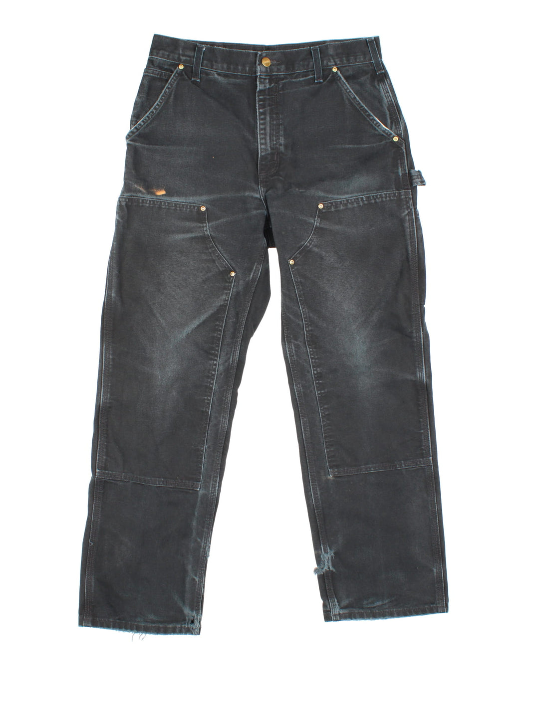 Carhartt Double Knee Jeans in a black colourway with multiple pockets and the logo embroidered on the back.