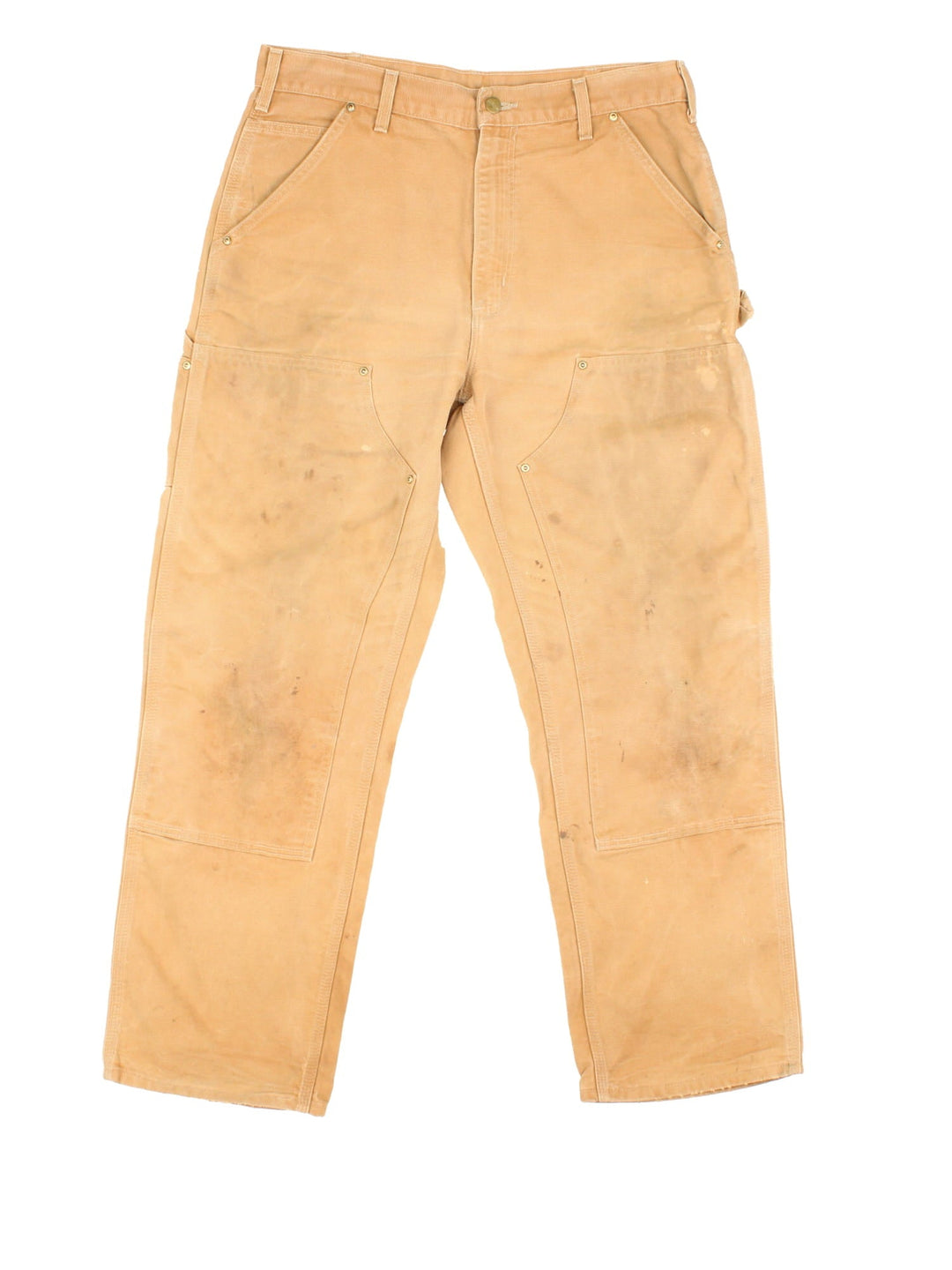 Carhartt Double Knee Jeans in a tan colourway with multiple pockets and the logo embroidered on the back.