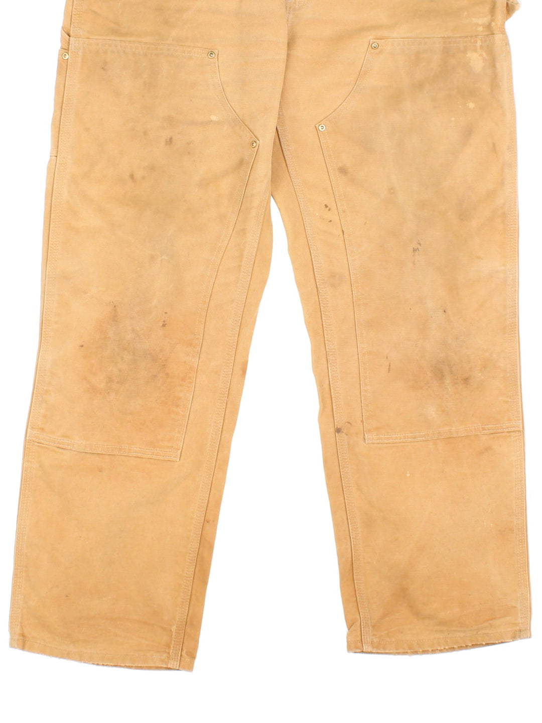 Carhartt Double Knee Jeans in a tan colourway with multiple pockets and the logo embroidered on the back.