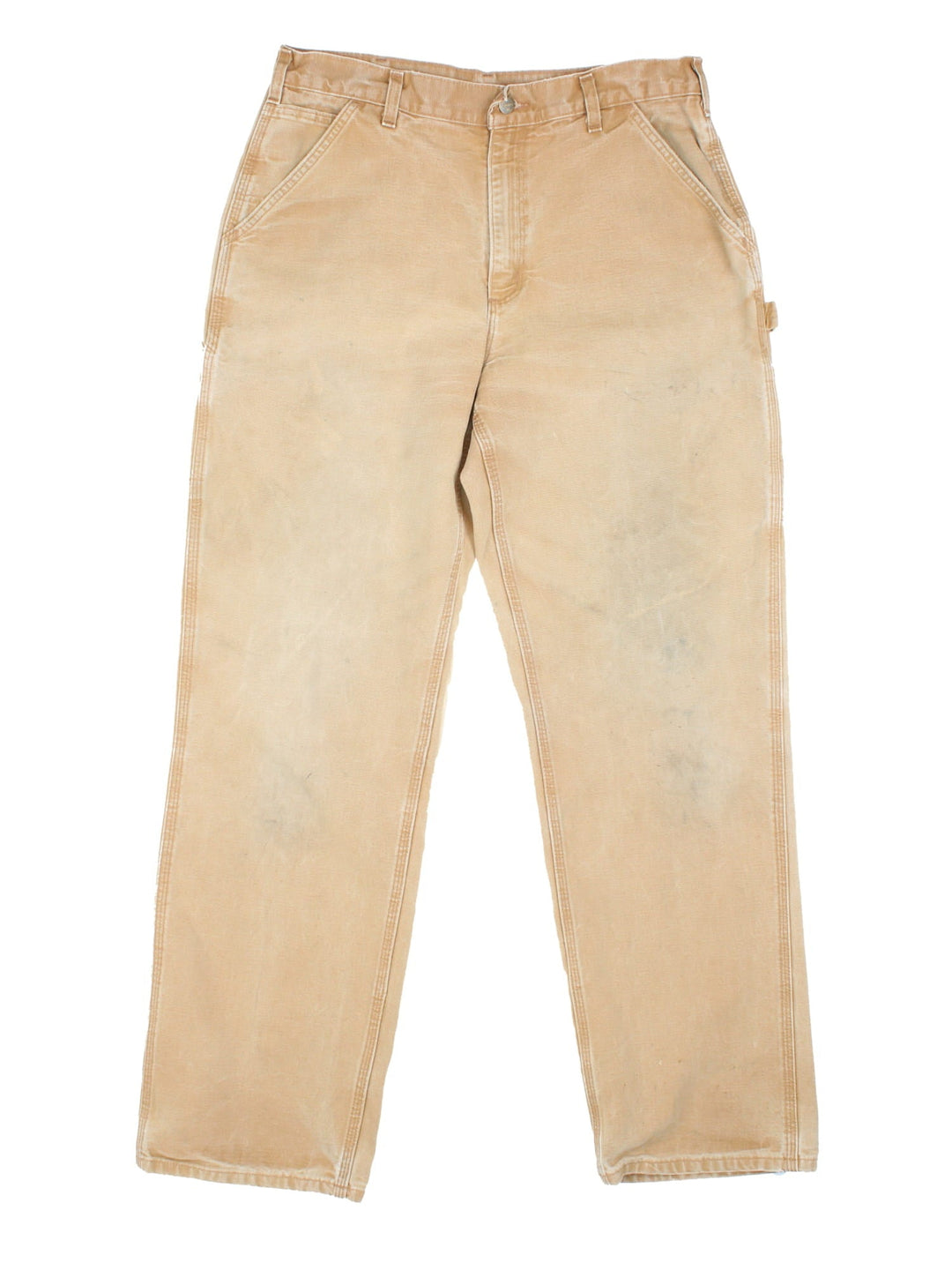 Carhartt Carpenter Jeans in a tan colourway with multiple pockets and the logo embroidered on the back.