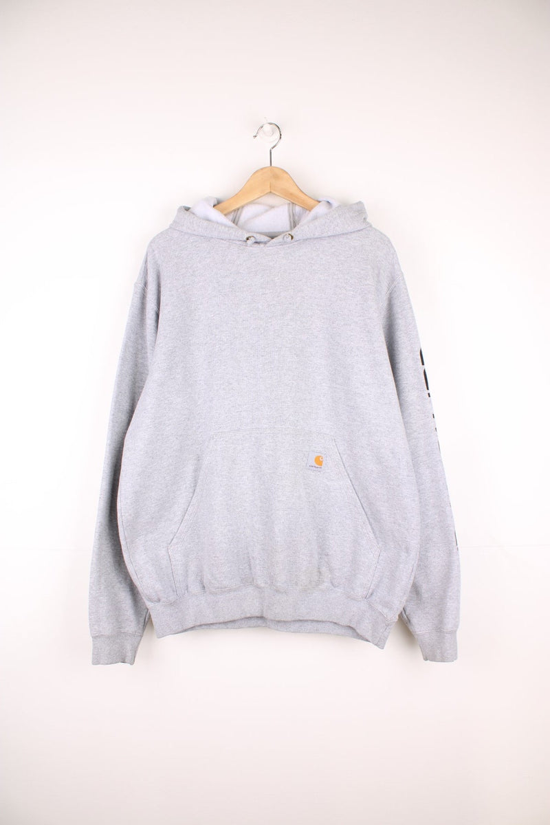 Carhartt light grey 'Loose Fit' hoodie, features spell-out details down the sleeve and embroidered logo on the pocket