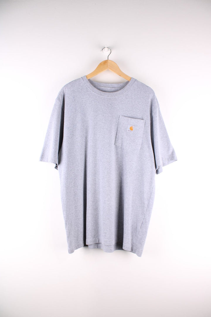 Carhartt T-Shirt in a grey colourway with a patch pocket and logo stitched onto the front