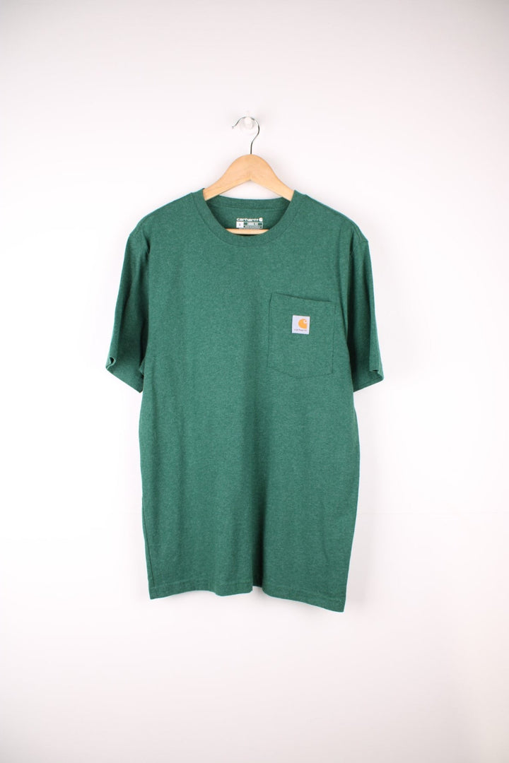 Carhartt green 'loose fit' t-shirt with chest pocket. Features signature logo on the pocket