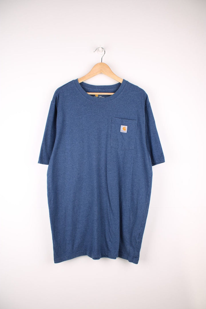 Carhartt blue 'loose fit' t-shirt with chest pocket. Features signature logo on the pocket