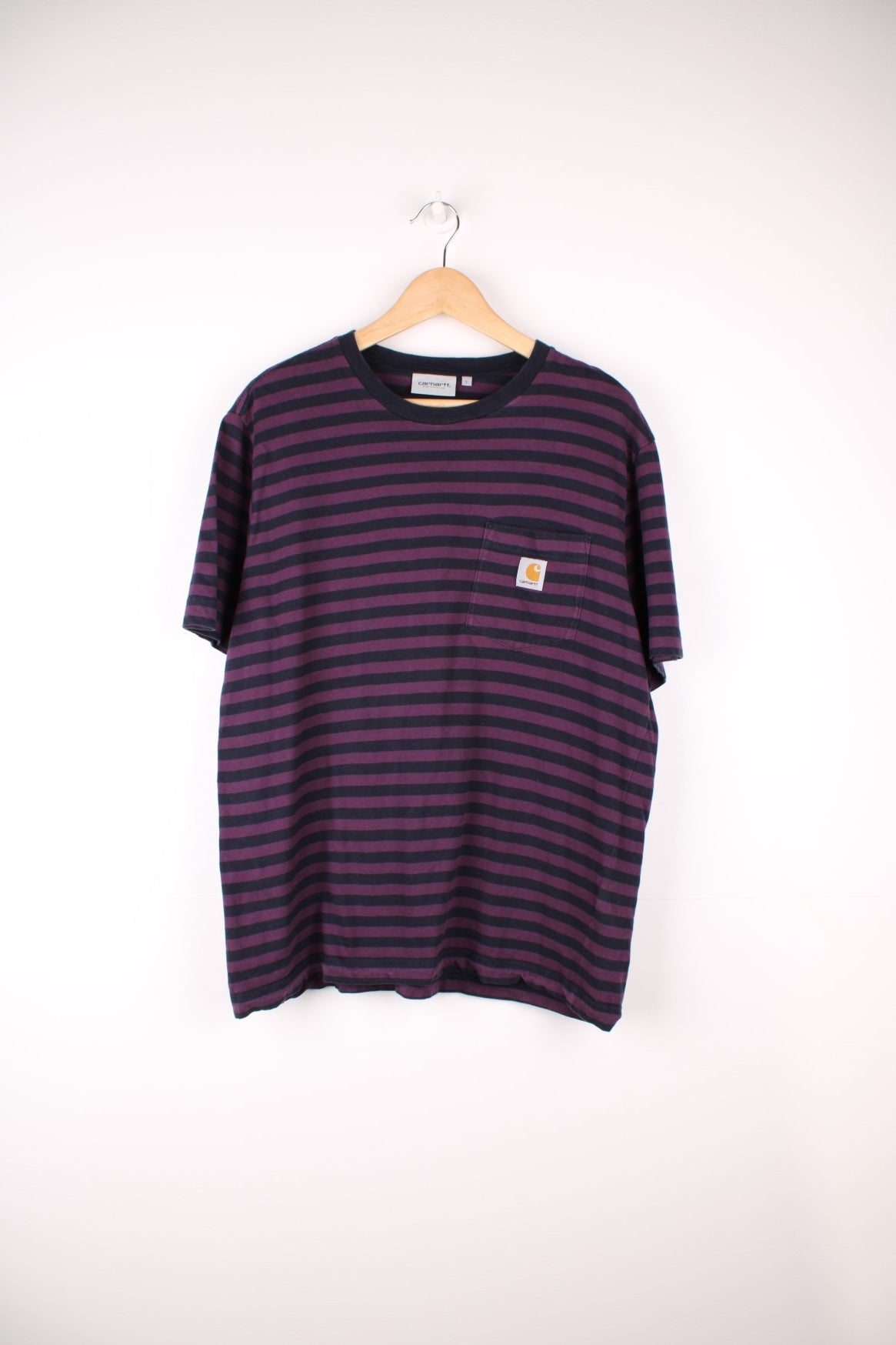 Carhartt WIP purple and black striped cotton t-shirt. Features signature logo on the chest pocket