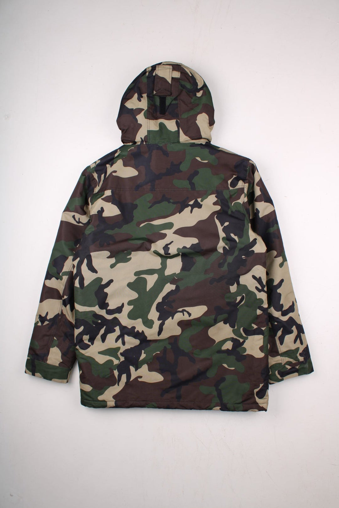 Dickies camouflage parka in green and brown - quilt-lined, with zip and snap closure, multiple pockets, and a sherpa-lined hood. Hood would have originally had detachable fur trim but this is missing.