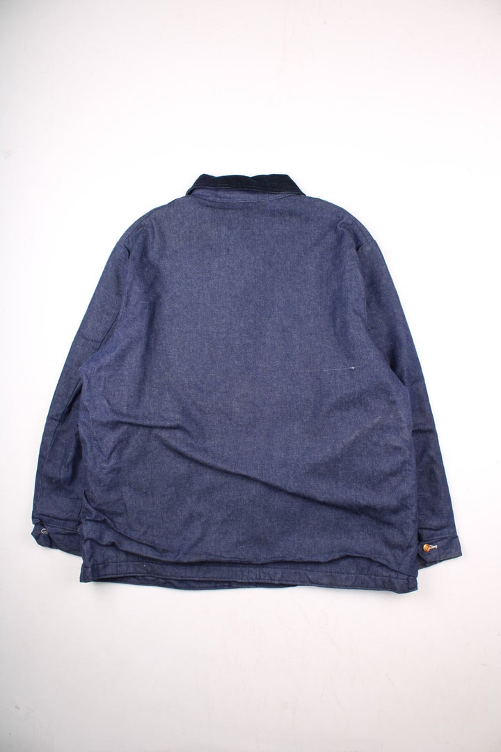 Vintage Blue Bell blanket lined denim chore jacket in indigo blue with four patch pockets, contrast stitching, and a corduroy collar.