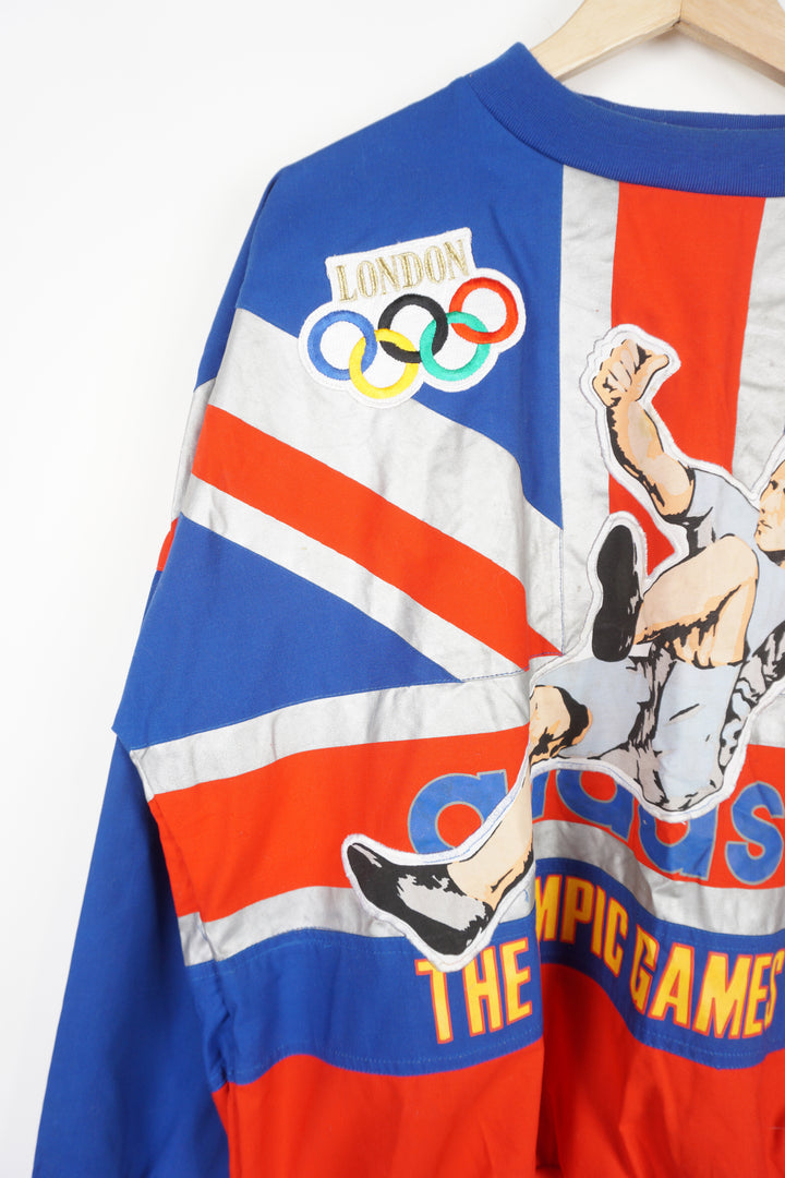 Vintage rare 1980s Adidas London 1908 Olympics cotton sweatshirt features all over embroidered Union Jack print and London skyline motif on the back