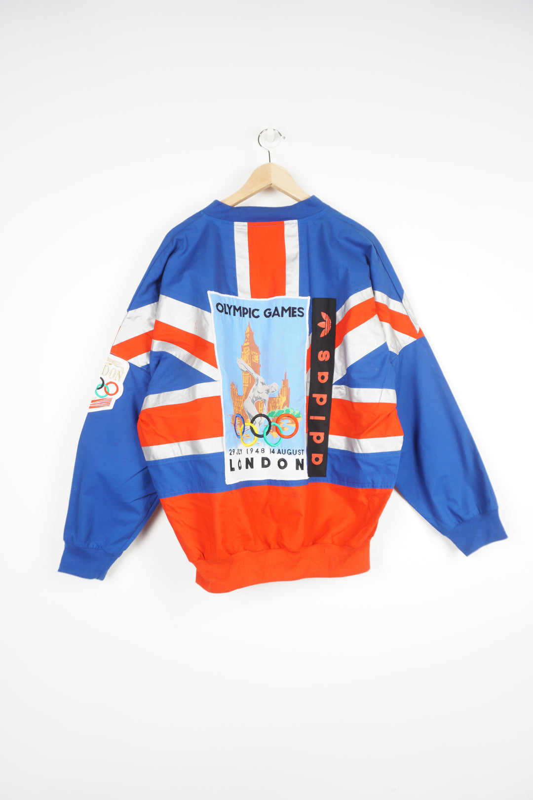 Vintage rare 1980s Adidas London 1908 Olympics cotton sweatshirt features all over embroidered Union Jack print and London skyline motif on the back