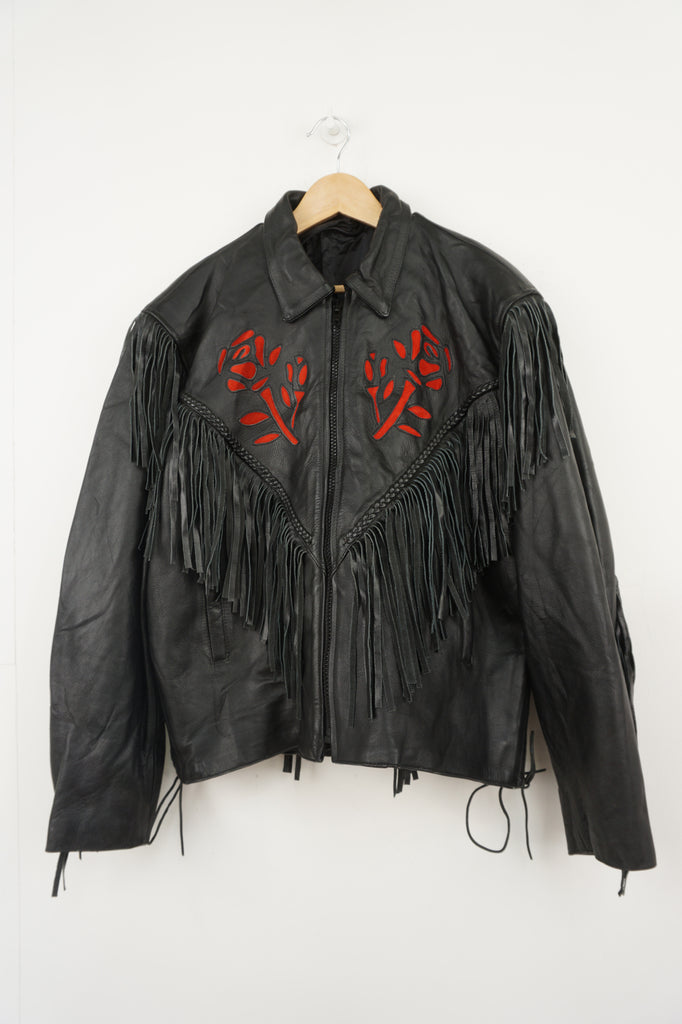 Fringe leather jacket black best sale