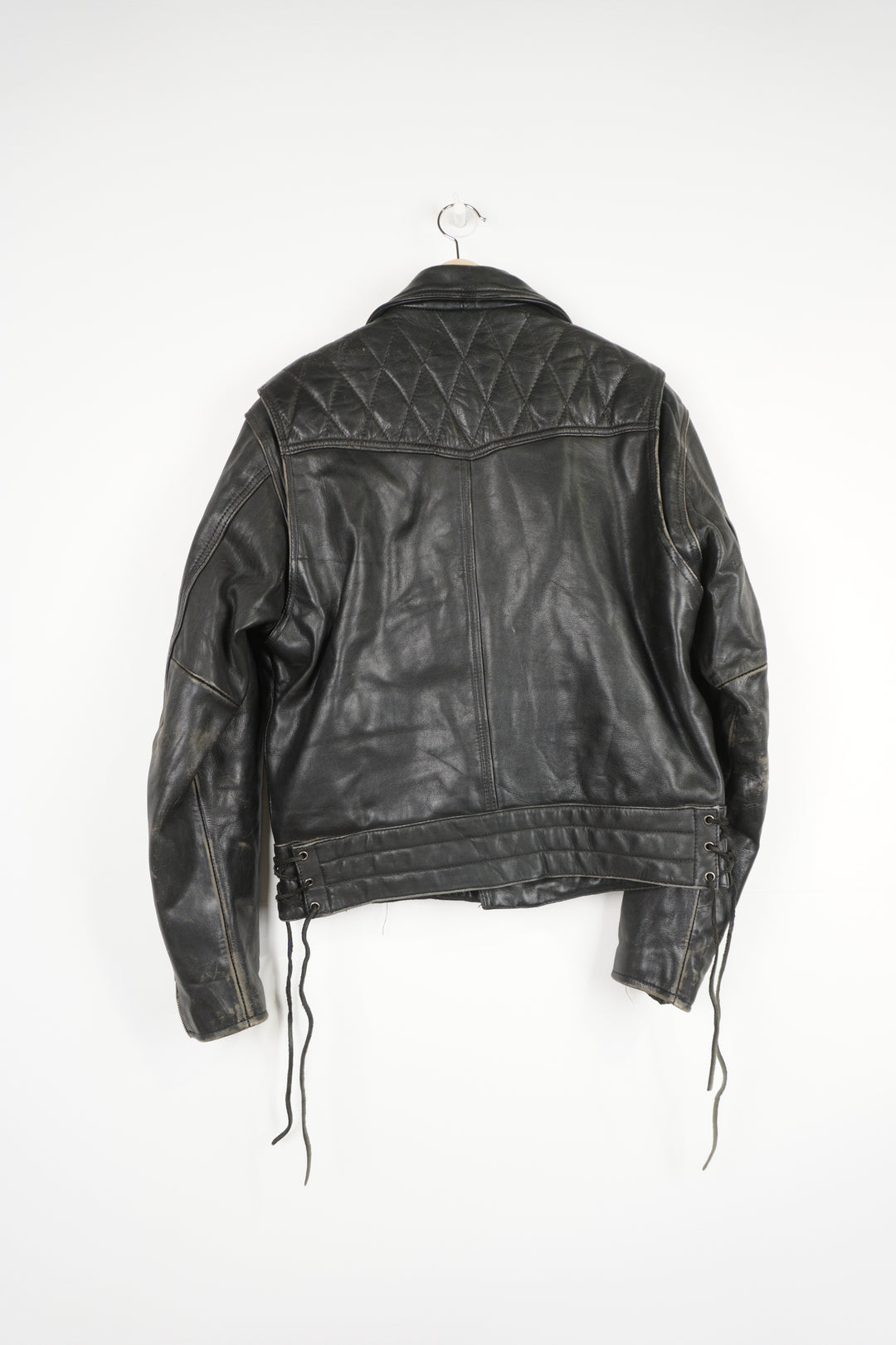 Vintage all black Harley Davidson zip through leather biker jacket with lace up details and chunky hardware