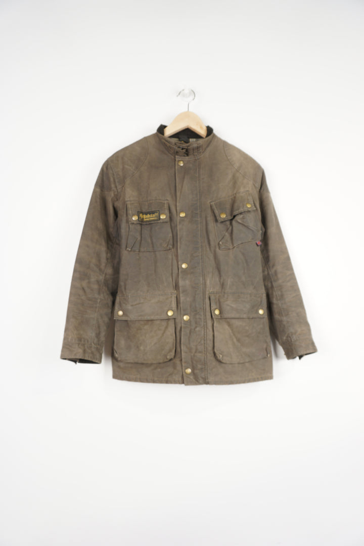 Women's Belstaff faded brown wax jacket with Belstaff logo on sleeve and pocket, plaid lining