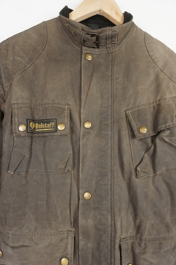 Women's Belstaff faded brown wax jacket with Belstaff logo on sleeve and pocket, plaid lining