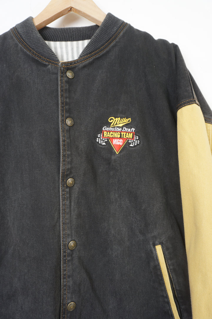 Vintage Miller Genuine Draft Racing Team black and gold denim varsity style jacket 