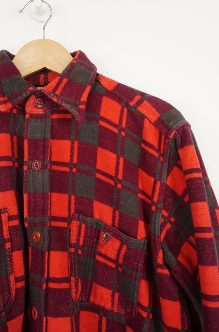 Vintage 1960's Champion all red plaid flannel button up shirt with double breast pocket