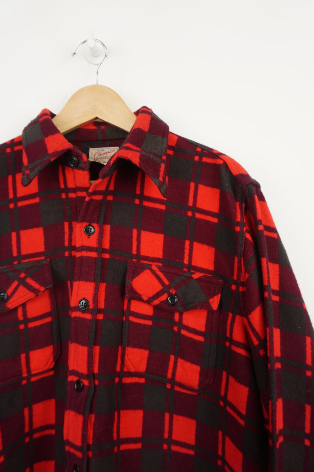 Vintage 1960's Champion all red plaid flannel button up shirt with double breast pocket